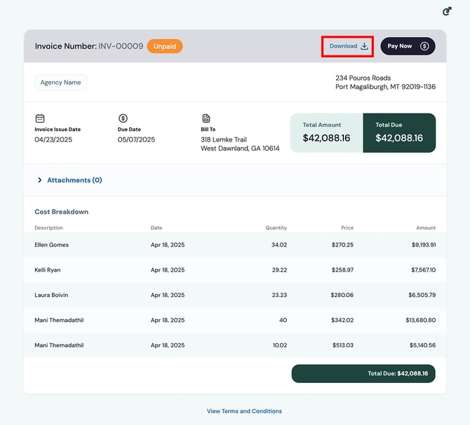 Download from Invoice page